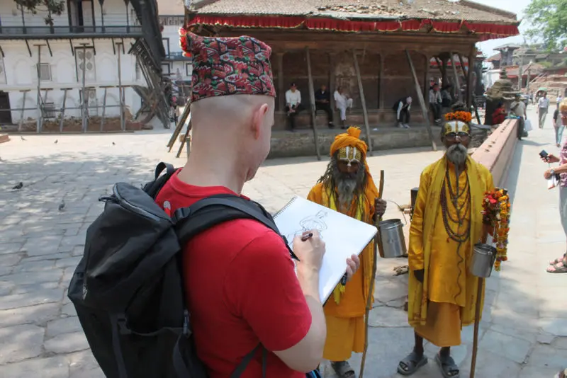 14 - Øistein tegner munker i Katmandu 1000