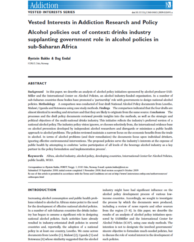 Thumbnail for Vested Interests in Addiction Research and Policy. Alcohol policies out of context: drinks industry supplanting government role in alcohol policies in sub-Saharan Africa