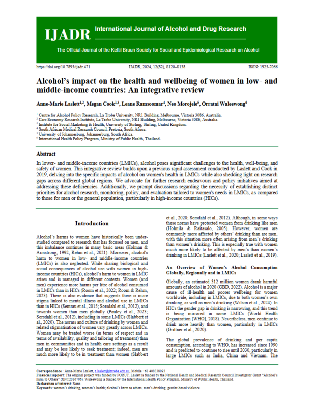 Thumbnail for Alcohol’s impact on the health and wellbeing of women in LMICs