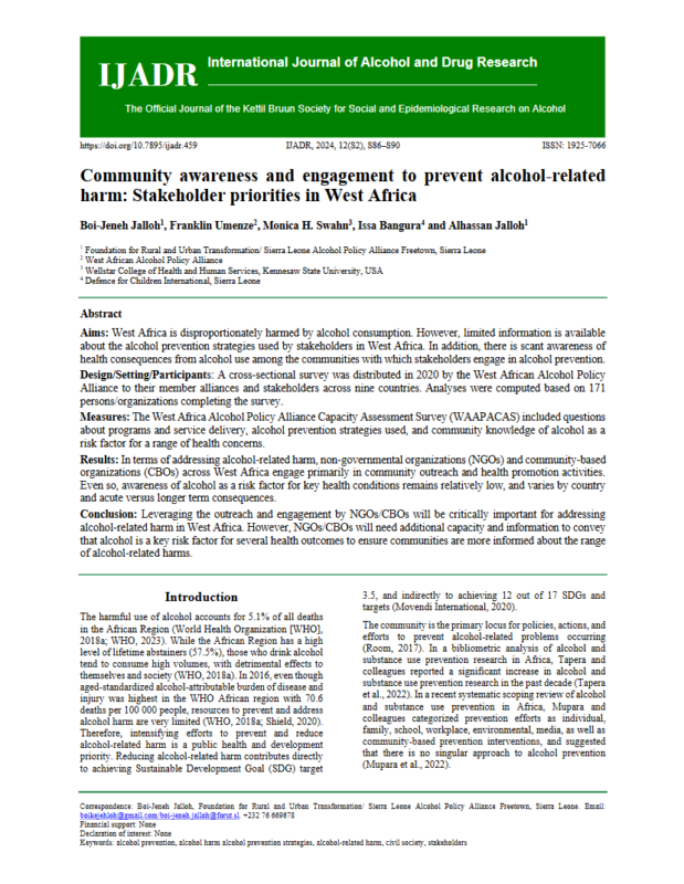 Thumbnail for Community awareness and engagement to prevent alcohol-related harm: Stakeholder priorities in West Africa