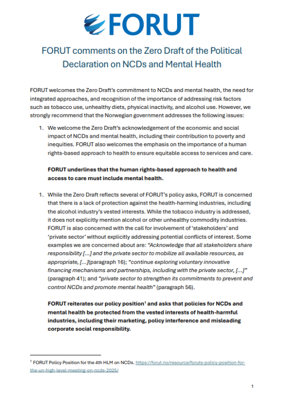 Thumbnail for FORUT’s comments on the Zero Draft of the Political Declaration on NCDs and Mental Health