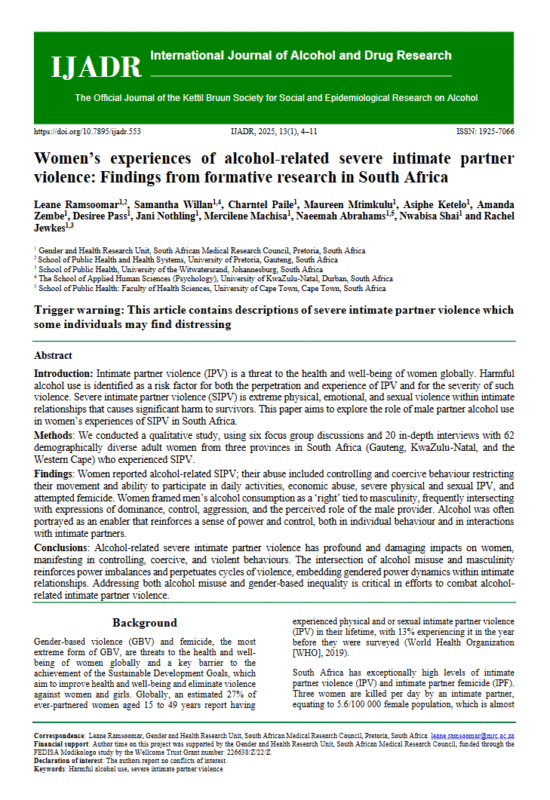 Thumbnail for Women’s experiences of alcohol-related severe intimate partner violence: Findings from formative research in South Africa