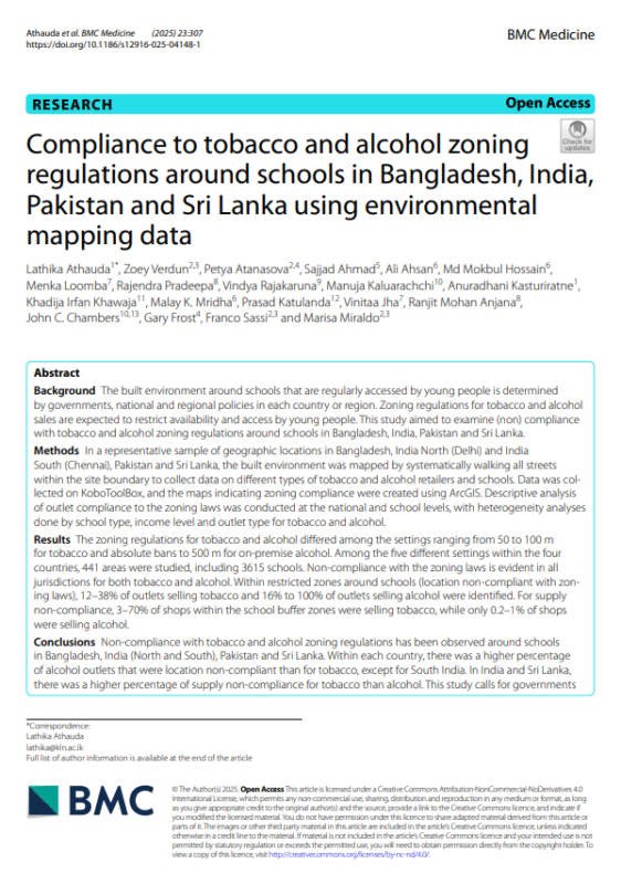Thumbnail for Compliance to tobacco and alcohol zoning regulations around schools in Bangladesh, India, Pakistan and Sri Lanka using environmental mapping data