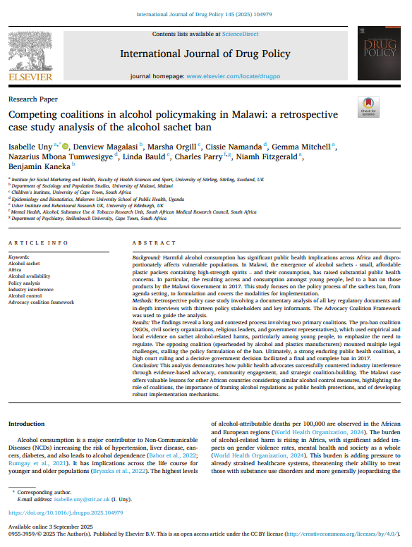 Thumbnail for Competing coalitions in alcohol policymaking in Malawi: A retrospective case study analysis of the alcohol sachet ban