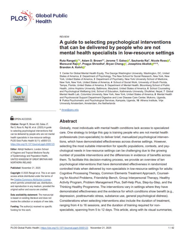 Thumbnail for A guide to selecting psychological interventions that can be delivered by people who are not mental health specialists in low-resource settings
