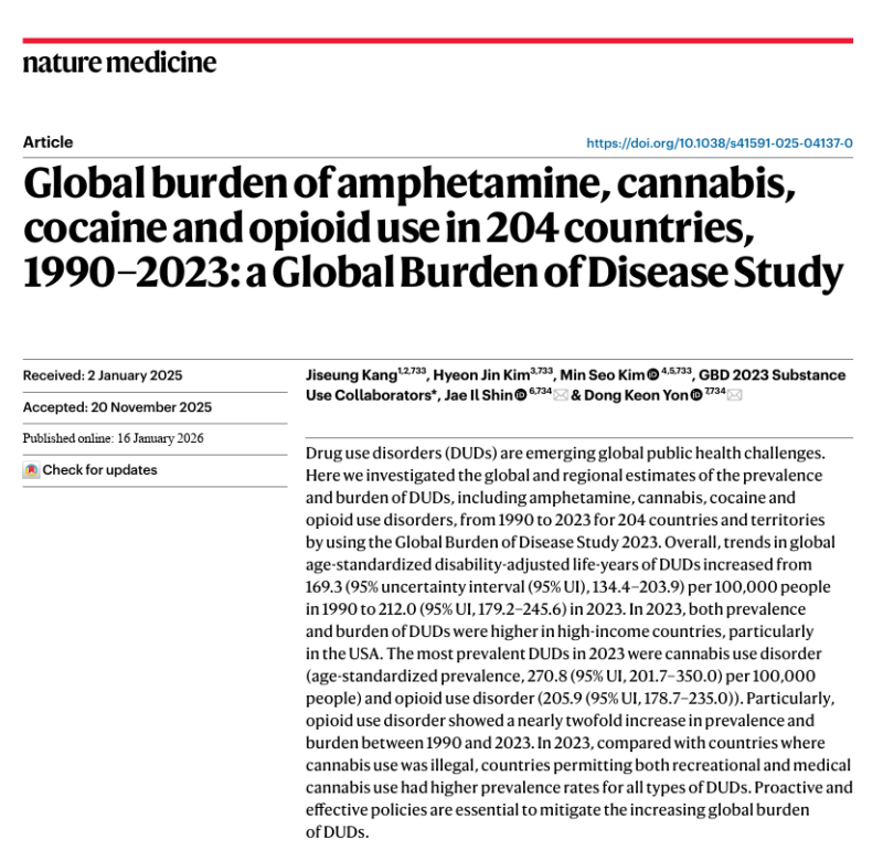 Thumbnail for Global burden of amphetamine, cannabis, cocaine and opioid use in 204 countries, 1990–2023: a Global Burden of Disease Study
