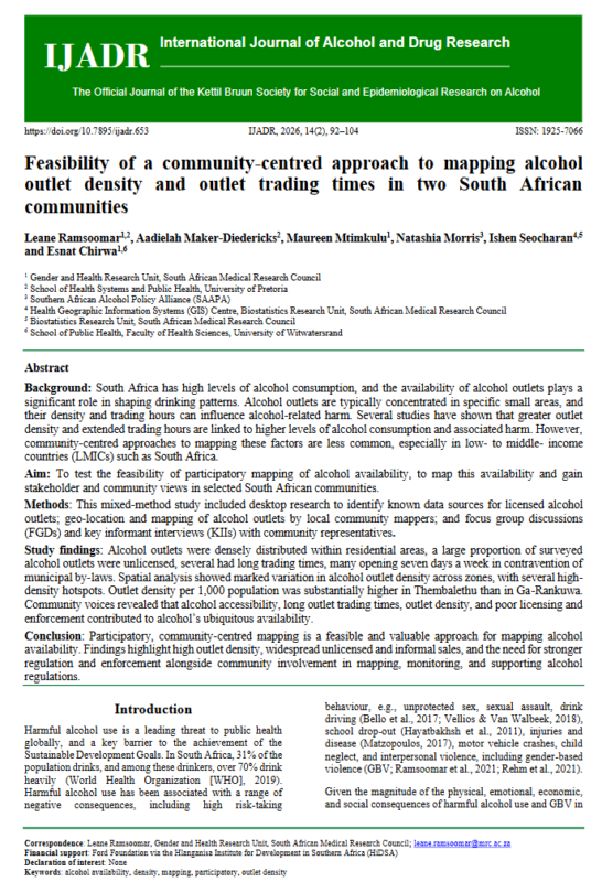 Thumbnail for Feasibility of a community-centred approach to mapping alcohol outlet density and outlet trading times in two South African communities
